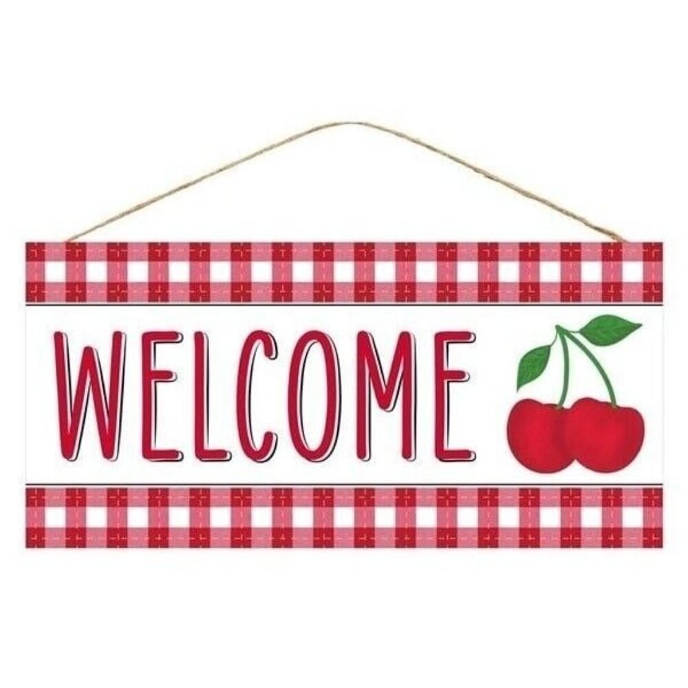 Welcome Wooden Sign With Cherries & Red Gingham 12.5"L X 6"H